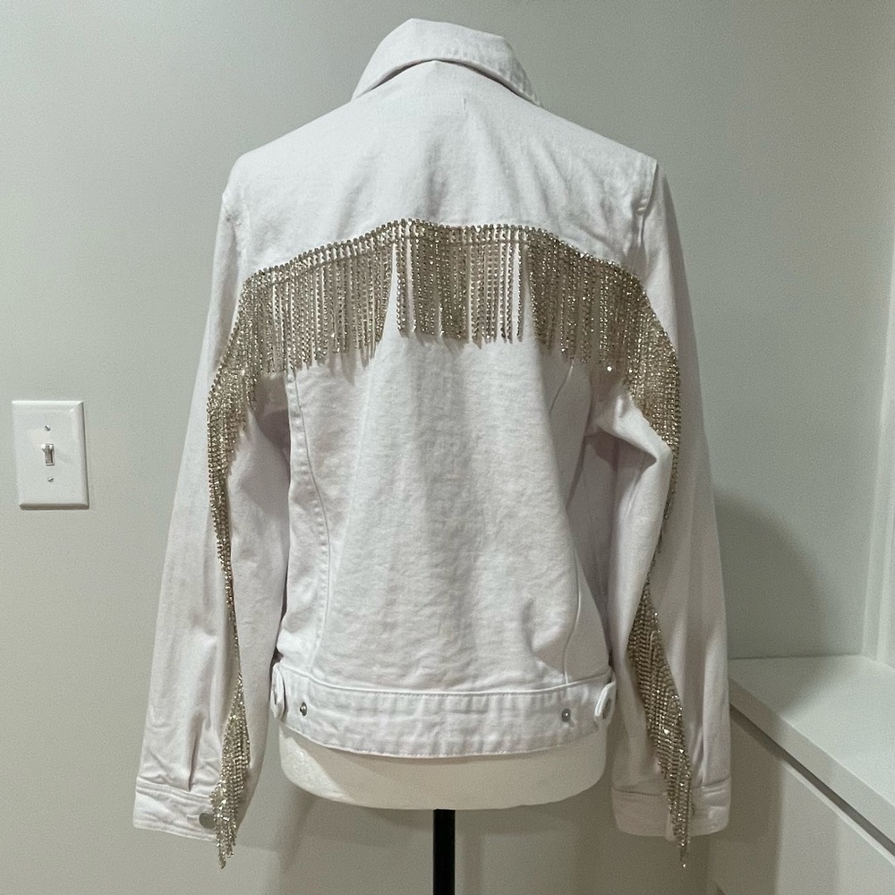 NWT Blank NYC White Denim Jacket Rhinestone Fringe Western Cowgirl Bling Bridal